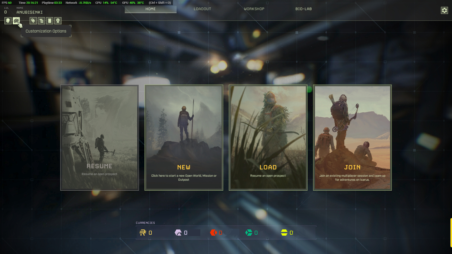 Initial game choice screen