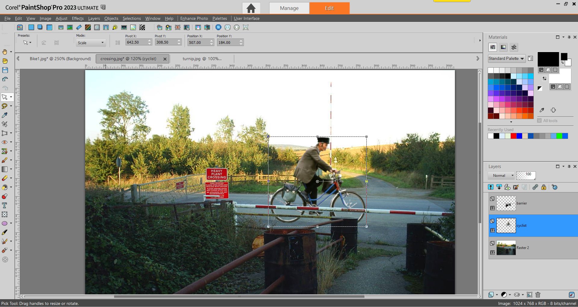 PaintShop Pro screenshot of adding the cyclist